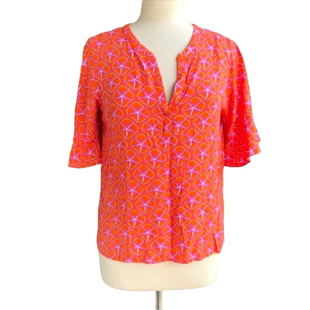 ESCAPADA Women’s Size S Orange Starfish Rayon Flare Short Sleeve Blouse